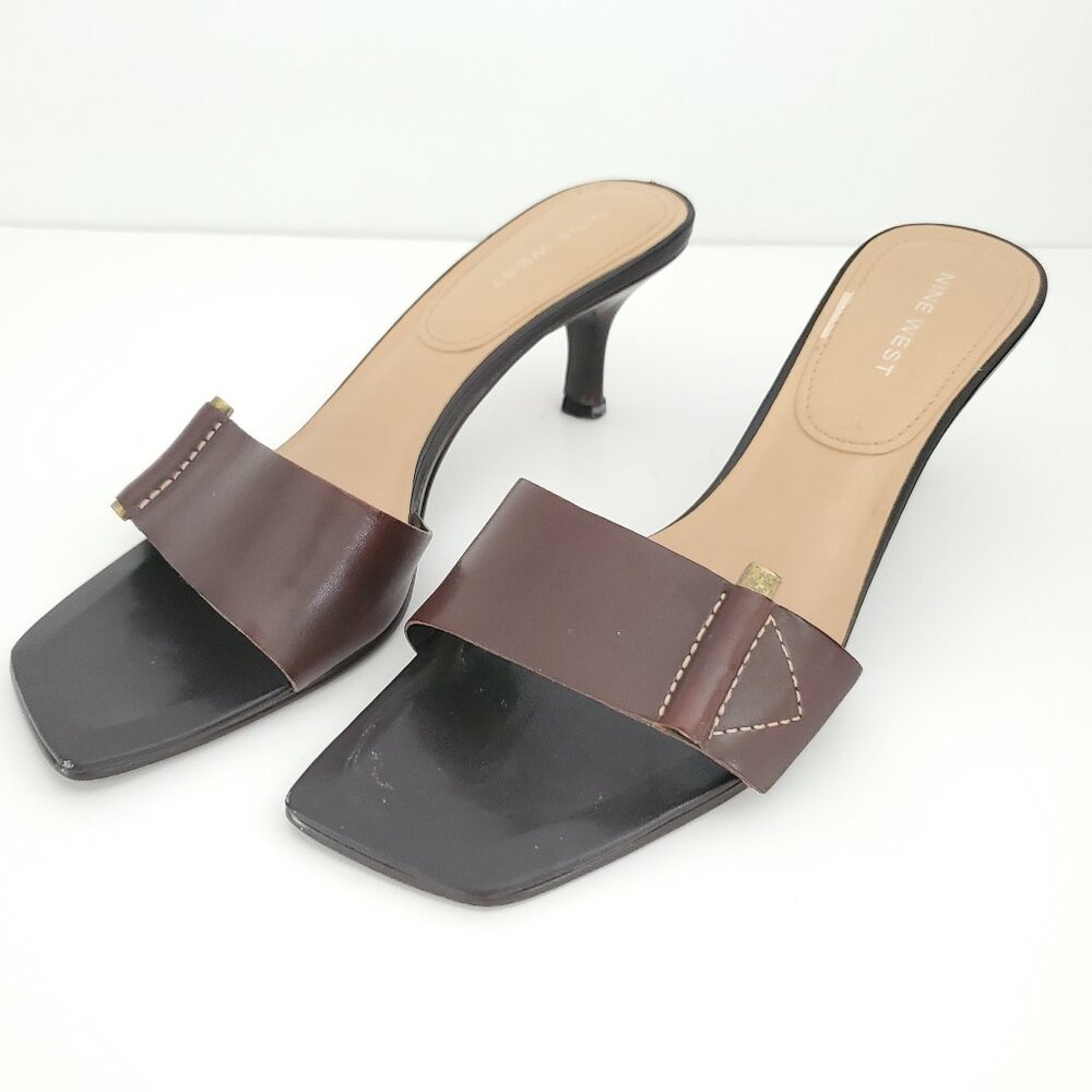 NINE WEST Brown Leather Heeled Slide Sandals Square Toe Bronze Buckle Accent 8M